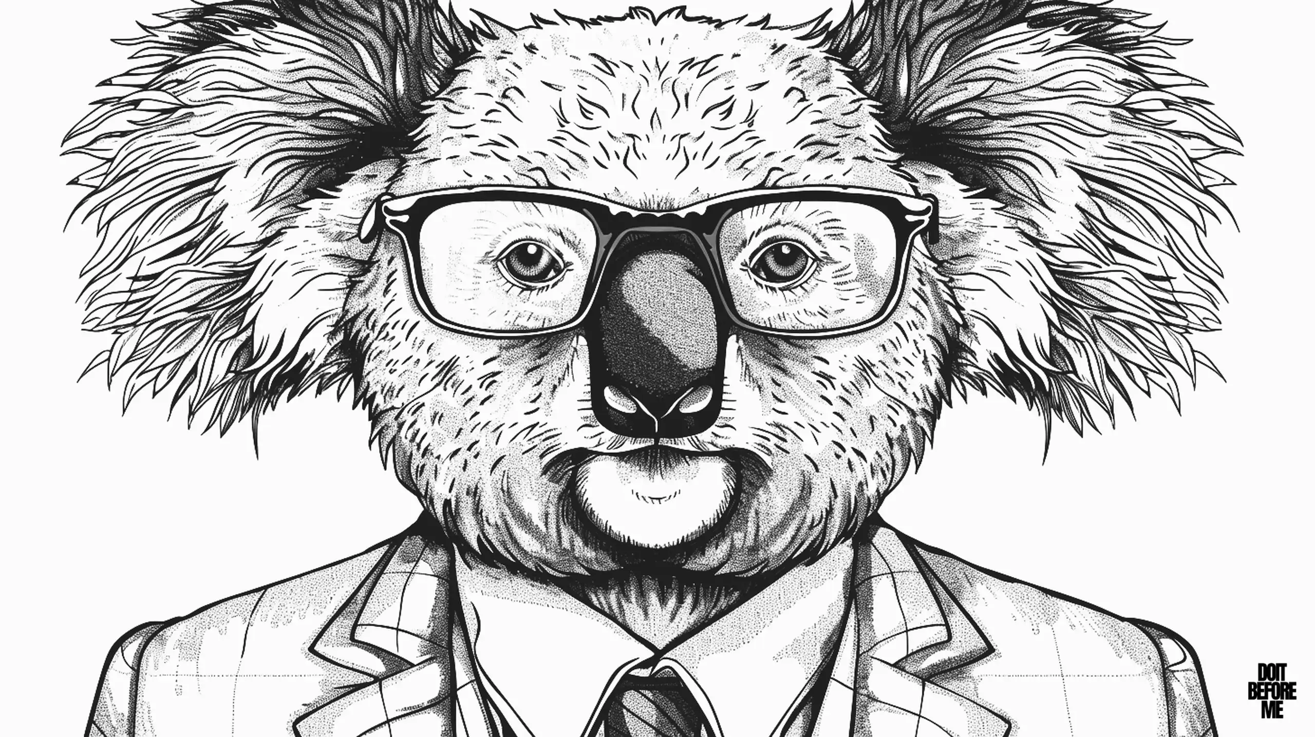 Printable coloring page featuring an adult koala wearing a suit and glasses presents a challenging task due to its intricate and finely detailed design. This page is tailored for experienced adult coloring enthusiasts who have a love for koalas.