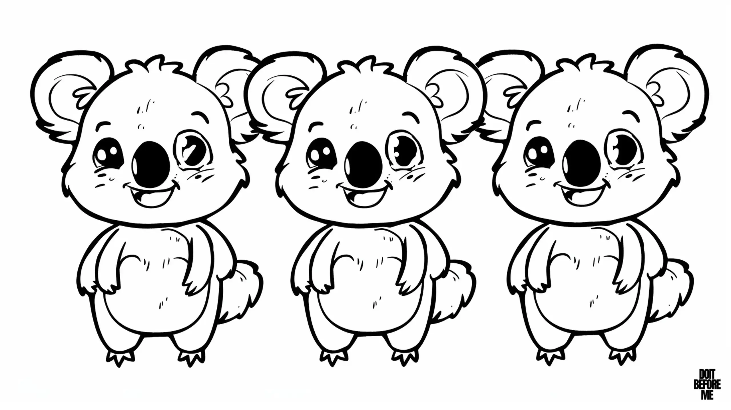 A coloring page featuring three baby koalas, each of which can be colored in different colors and shapes. The coloring page can be easily colored.