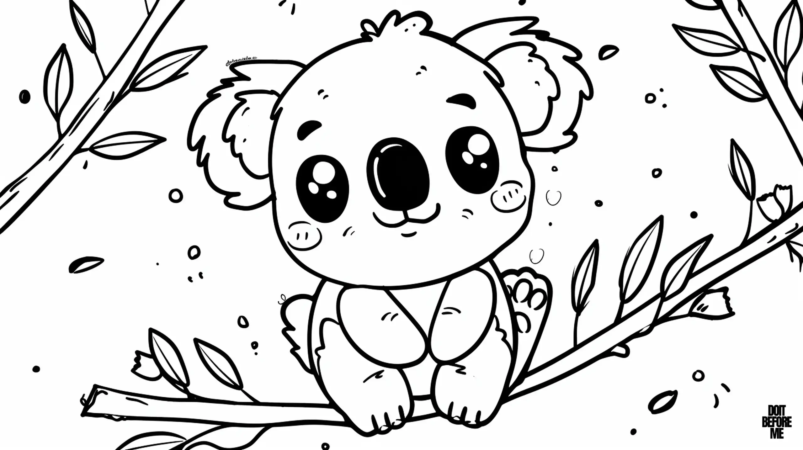 Depiction of a cute baby koala bear with bright, cheerful eyes, sitting on a tree branch surrounded by leaves, featuring simple lines and charming details, tailored for kids, ensuring a fun coloring experience that suits developing skills of children.