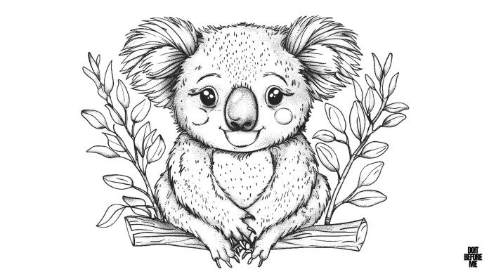 A cute koala is seen sitting on a tree branch. The koala has a friendly expression with big, round eyes, a prominent nose and a slight smile. Its fur is detailed with fine lines, giving it a fluffy appearance. The koala is surrounded by leafy branches, adding a natural, forested setting to the picture. This visual is designed especially for coloring activities that will attract the attention of children, and thanks to its cute design, it is also one of the coloring pages that adults will enjoy coloring.