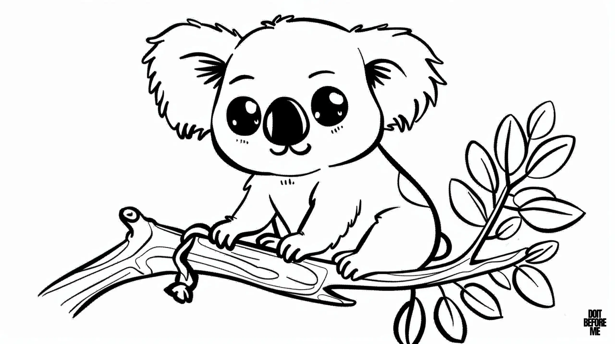 This delightful colouring page captures a baby koala with large, expressive eyes, perched on a tree branch, designed with preschoolers in mind, the endearing pose is perfect for colouring abilities of preschoolers.