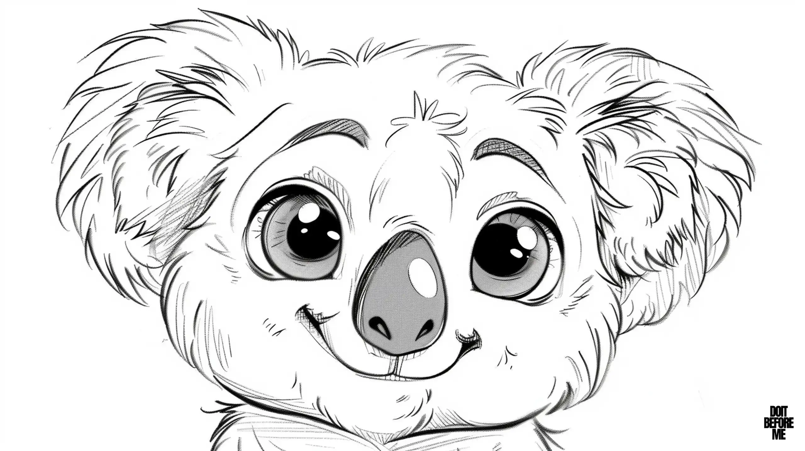 Printable coloring page focused on the face of a koala straight out of an adorable cartoon, suitable for both kids and adults to color.