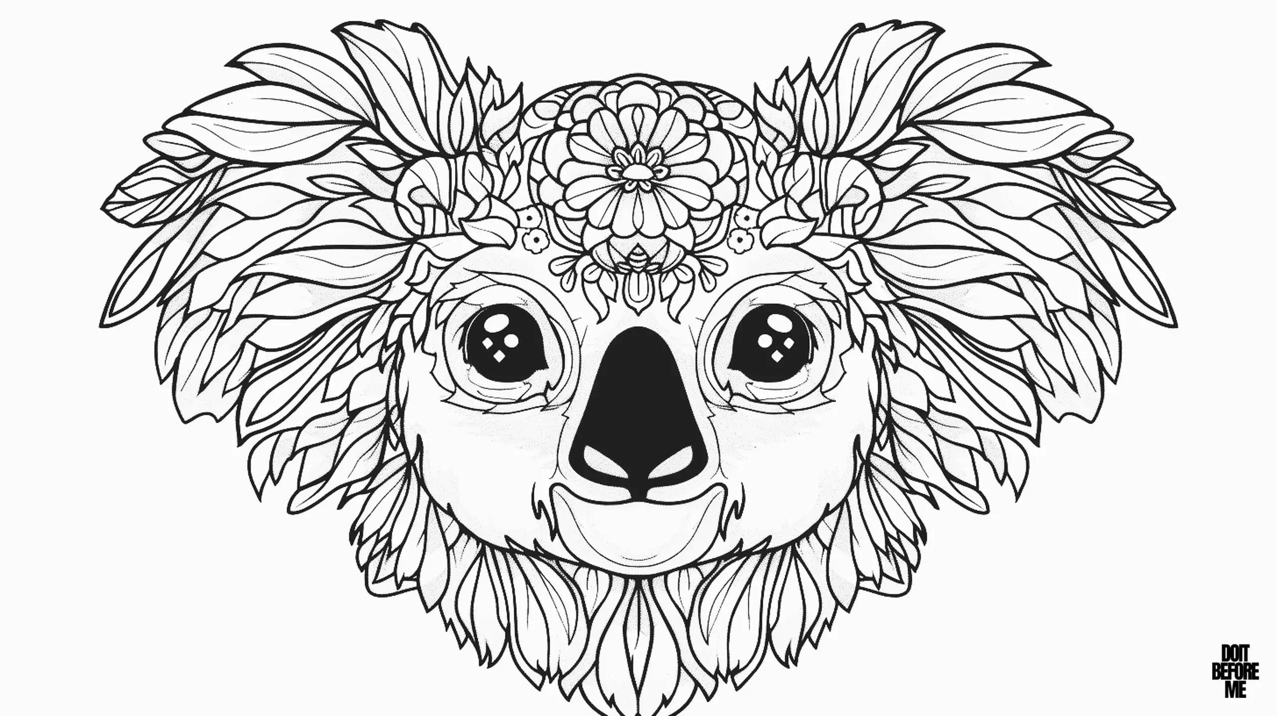 A printable mandala coloring page designed for teens that focuses on the face of a koala, it has a flower-like shape on its forehead and is different from ordinary mandalas as the pattern extends all the way to its ears.