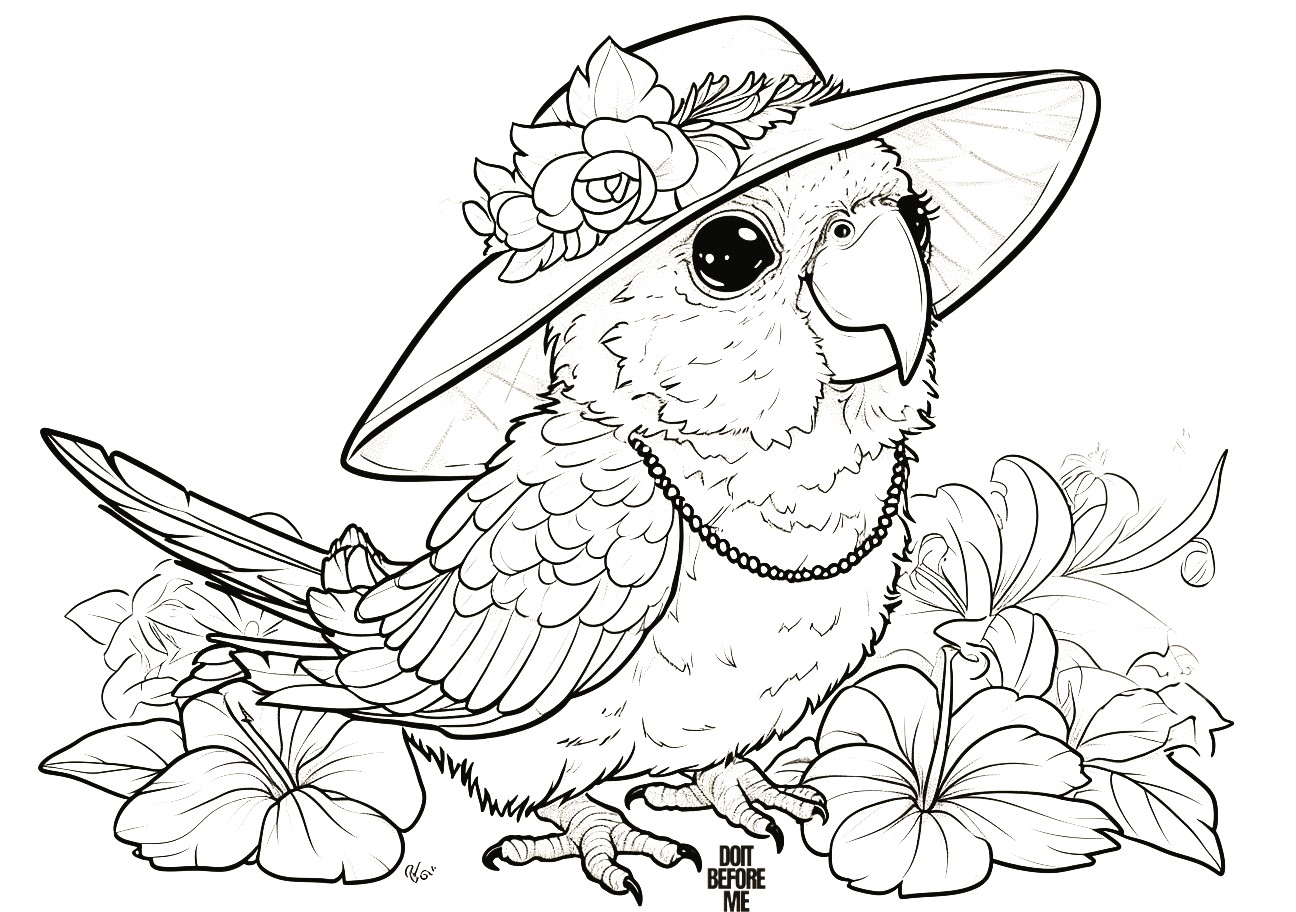 Parrot with a Cute Dress Printable Coloring Sheet