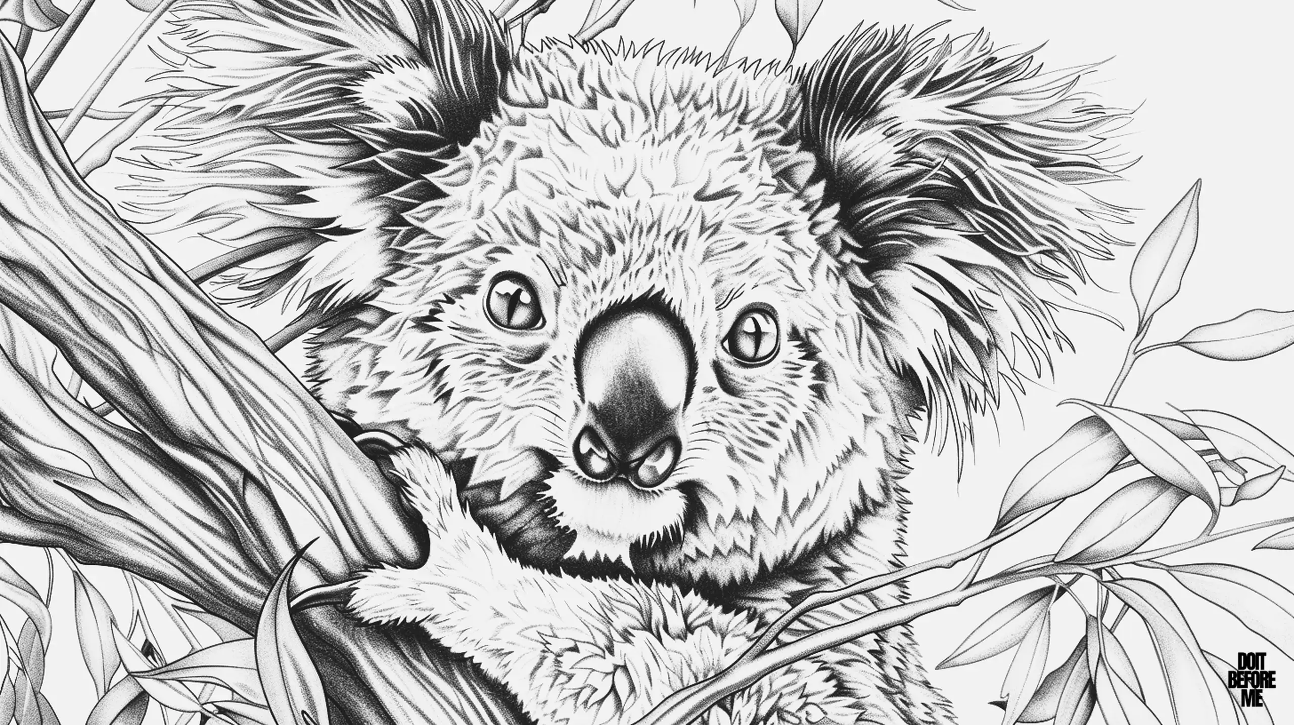 A koala coloring page that is extremely detailed and finely detailed, difficult to color, and has a realistic appearance designed for adults. On the coloring page, the koala appears to be holding on to the tree with its claws. The coloring page depicts only its head and upper body closely.