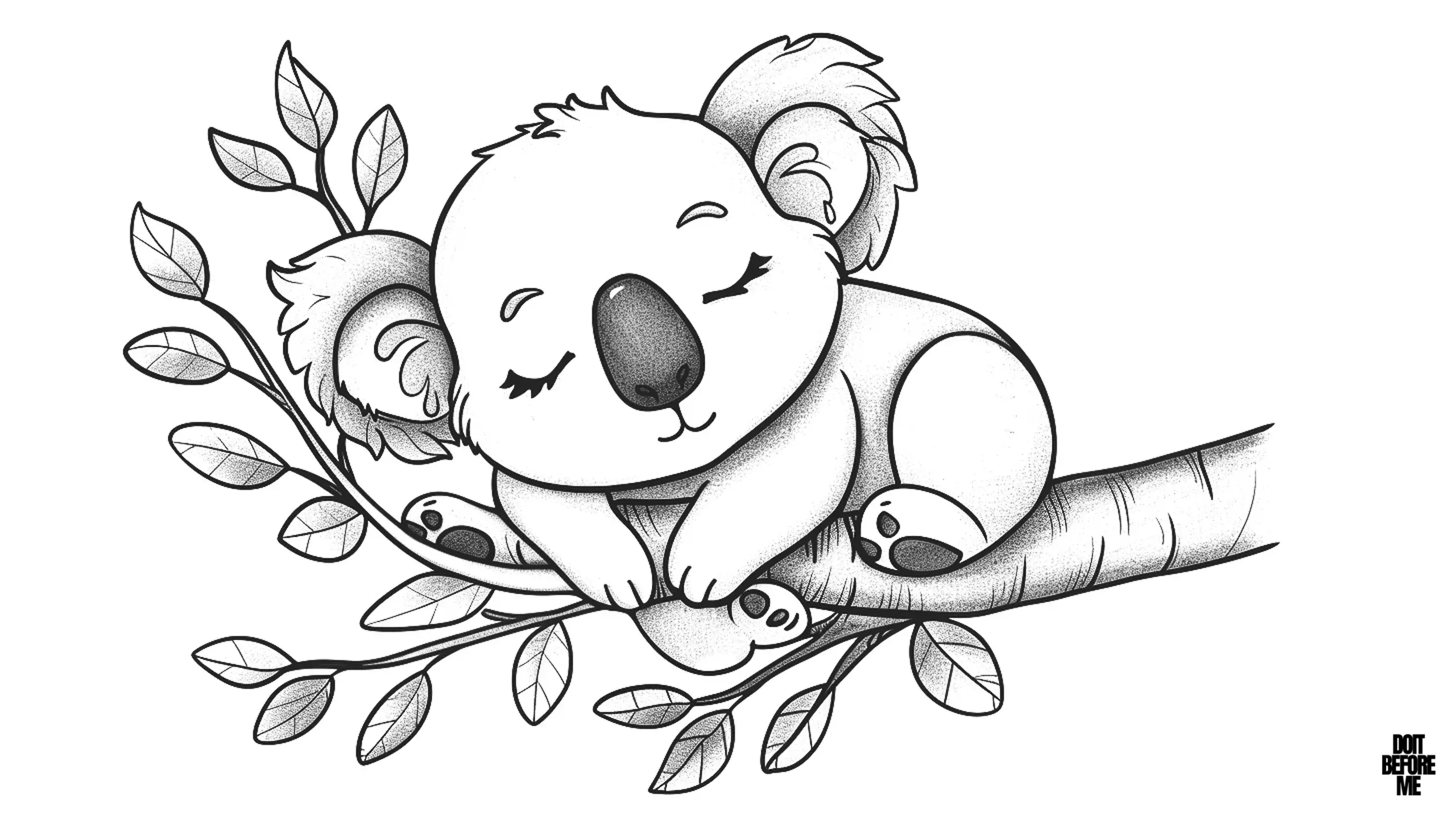 A baby koala sleeping on a tree branch coloring page, the coloring page is easy for children to color and in a printable format.