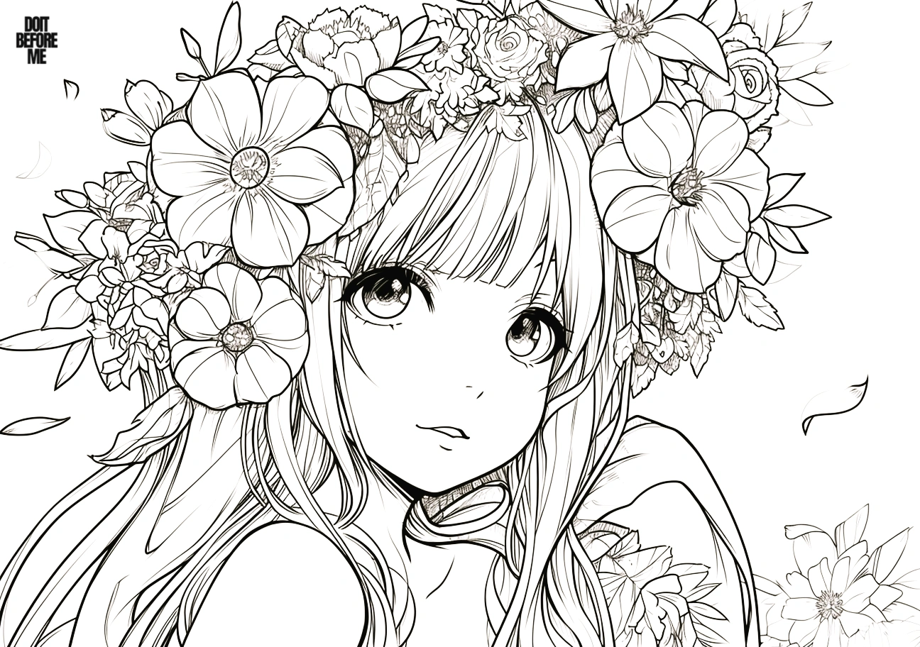 Coloring page of an anime girl with flowers wrapped around her head, wearing a flower crown and adorned with flowers in her hair. This printable coloring sheet is designed for adults but can be enjoyed by anime and flower enthusiasts of all ages.