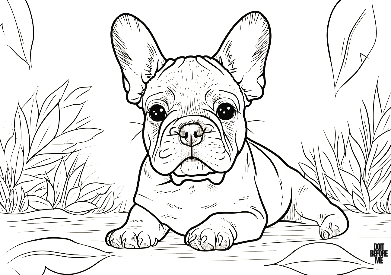 The coloring page depicts a cute baby French Bulldog lying face down on the floor.