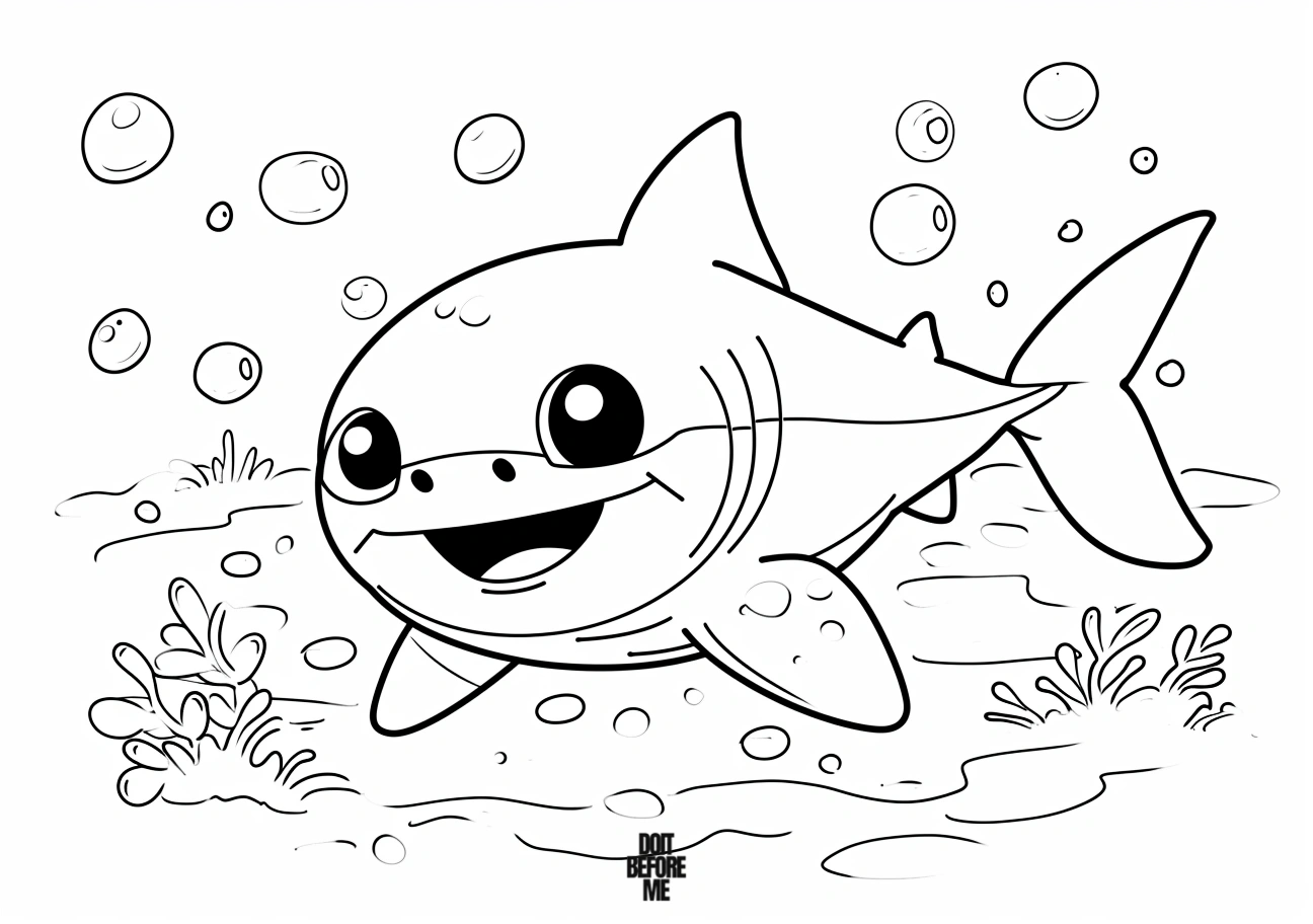 Baby shark coloring page for toddlers with a sea background.