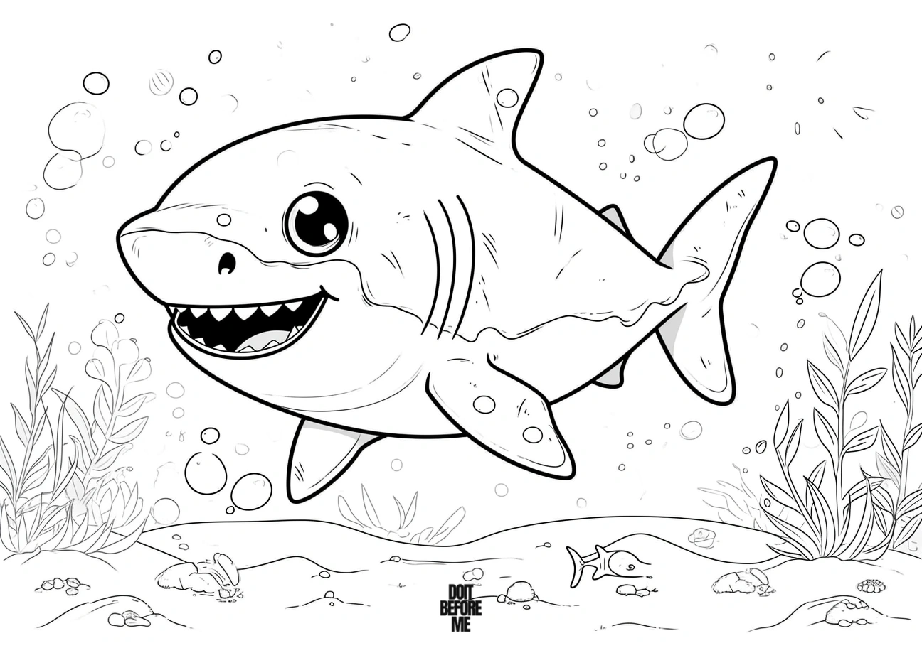 Baby chubby tiger shark coloring page for kids, printable.