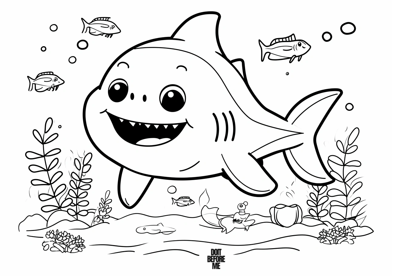 Printable free coloring pages featuring an adorable cartoon baby shark surrounded by cute little fishes in the background.