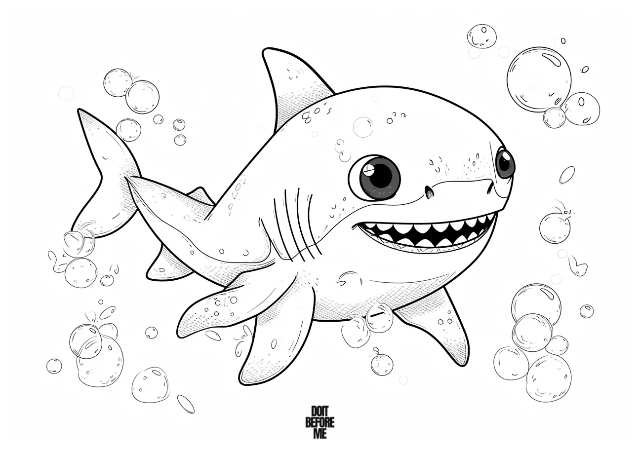 Cute cartoon baby shark with bubbles in the background, coloring page.