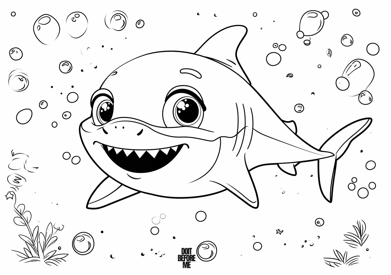 Baby shark with adorable kawaii-style huge eyes, with bubbles in an underwater scene, printable coloring page for kids