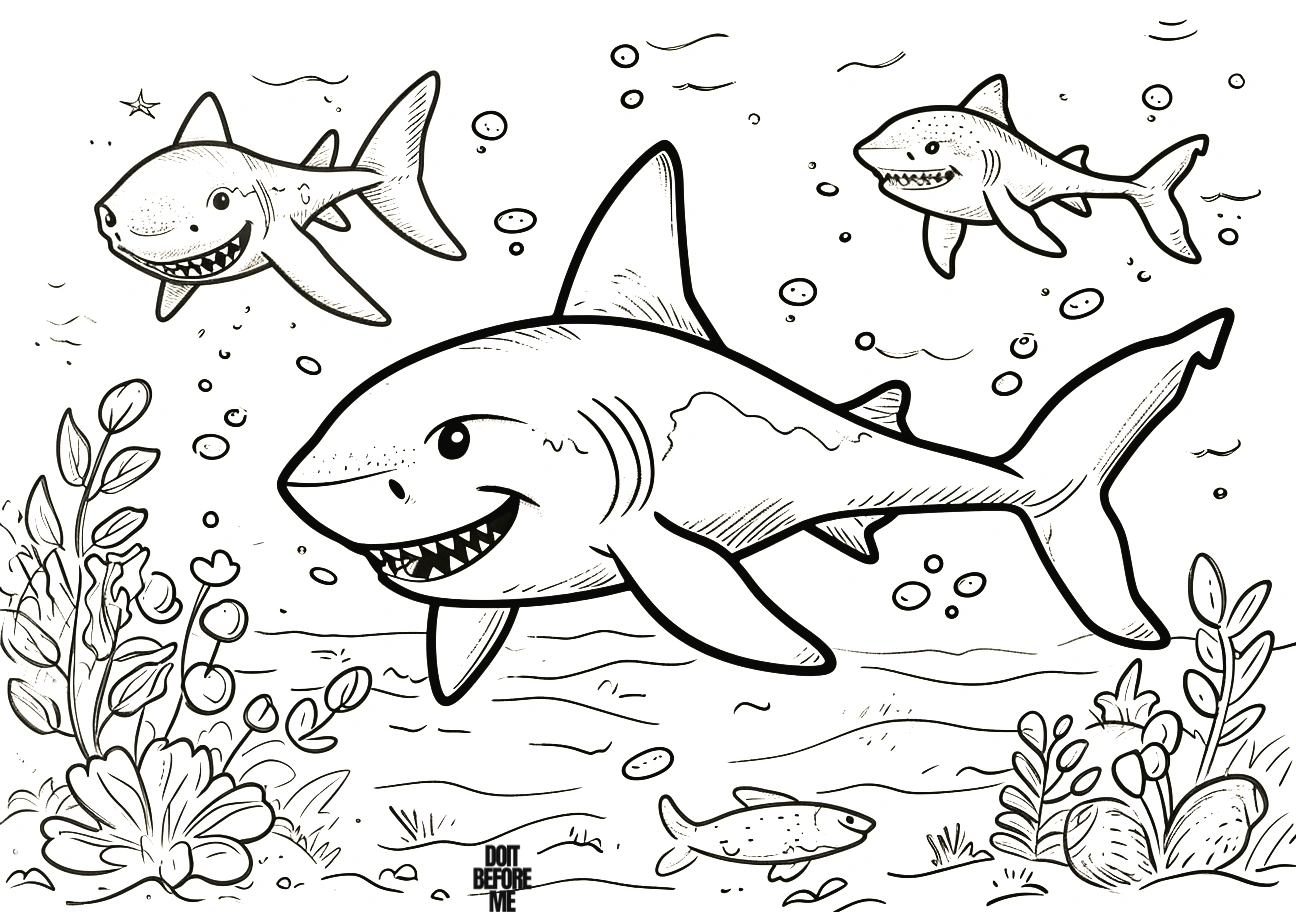Three adorable, realistic baby sharks swimming together in a vibrant underwater scene coloring page.
