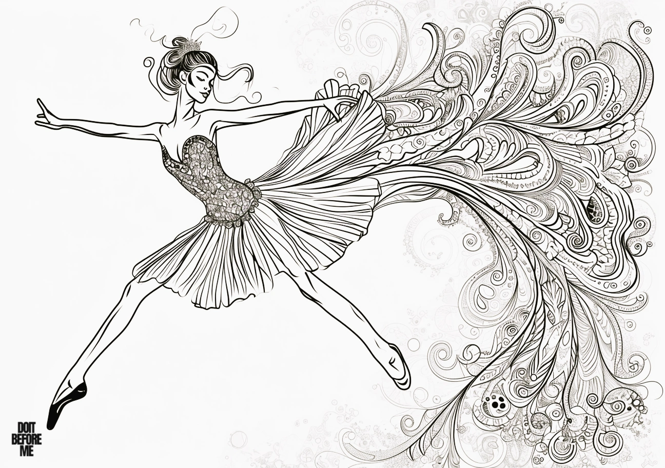 Coloring book illustration showcasing a graceful ballerina in a dynamic and artistic pose.