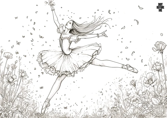 Ballerina gracefully poised in a field of flowers, surrounded by flying flower pollens; a serene coloring page designed for adults.