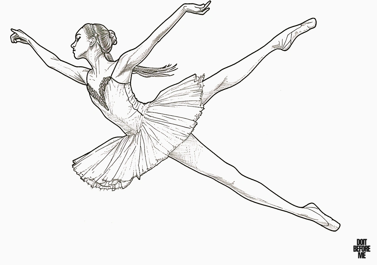 Realistic ballerina coloring picture, a graceful ballerina performs a ballet routine in the sky, set against a clear white background.