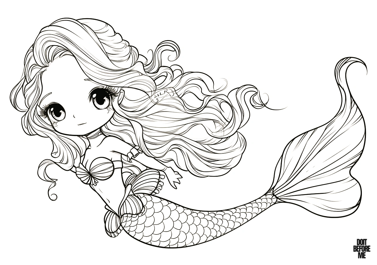 Printable coloring page featuring a charming depiction of a mermaid with a Barbie doll-like face, joyfully swimming against a clear white background.