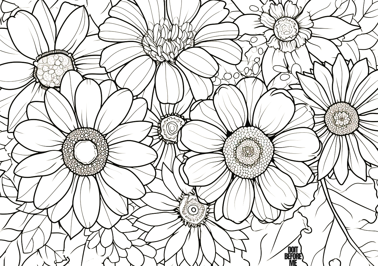 Full-screen coloring page for adults featuring intricate details of various flowers.