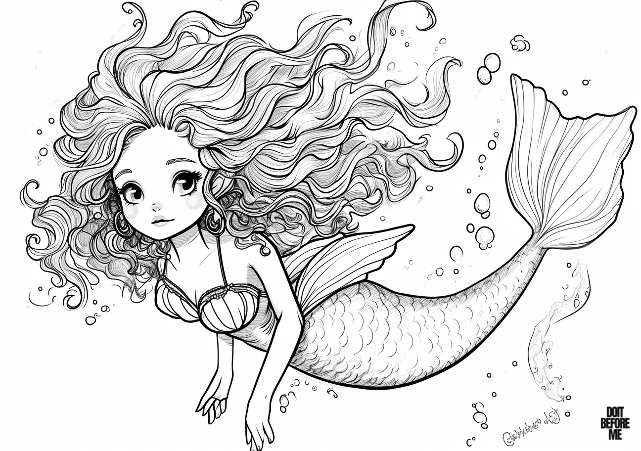 Detailed coloring page featuring a captivating mermaid inspired by the new movie version of Little Mermaid, swimming amidst a backdrop of bubbles. Ideal for adult coloring with intricate design.