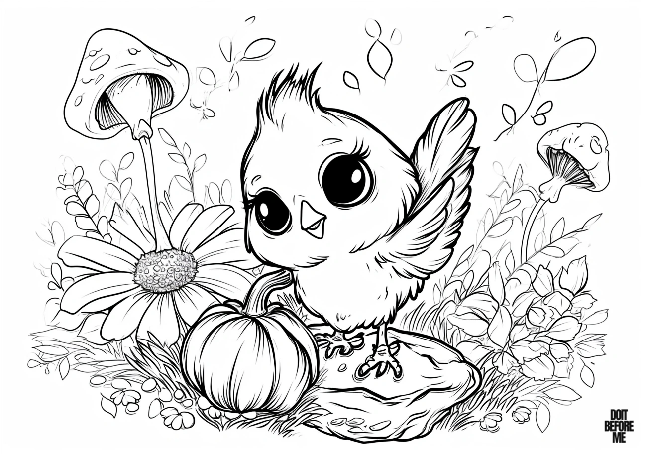 Cute female baby bird coloring page with a charming mushroom, flower, and a pumpkin in the background.