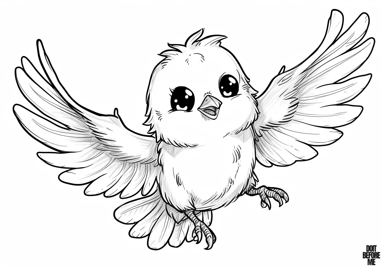 Adorable flying baby bird coloring page on a clean and simple white background.