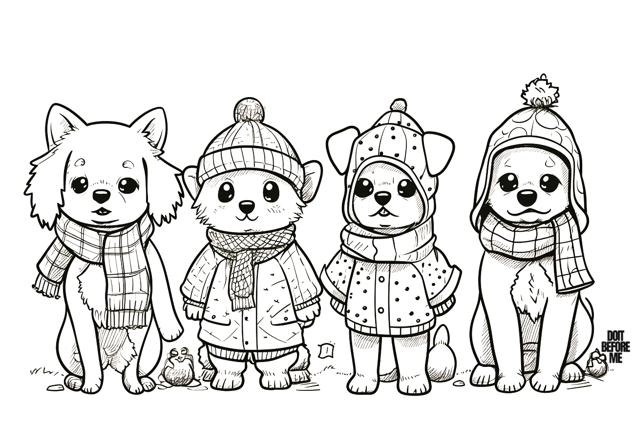 Coloring page featuring cute puppies standing on two legs in a humanoid poses, dressed in four different kawaii outfits.