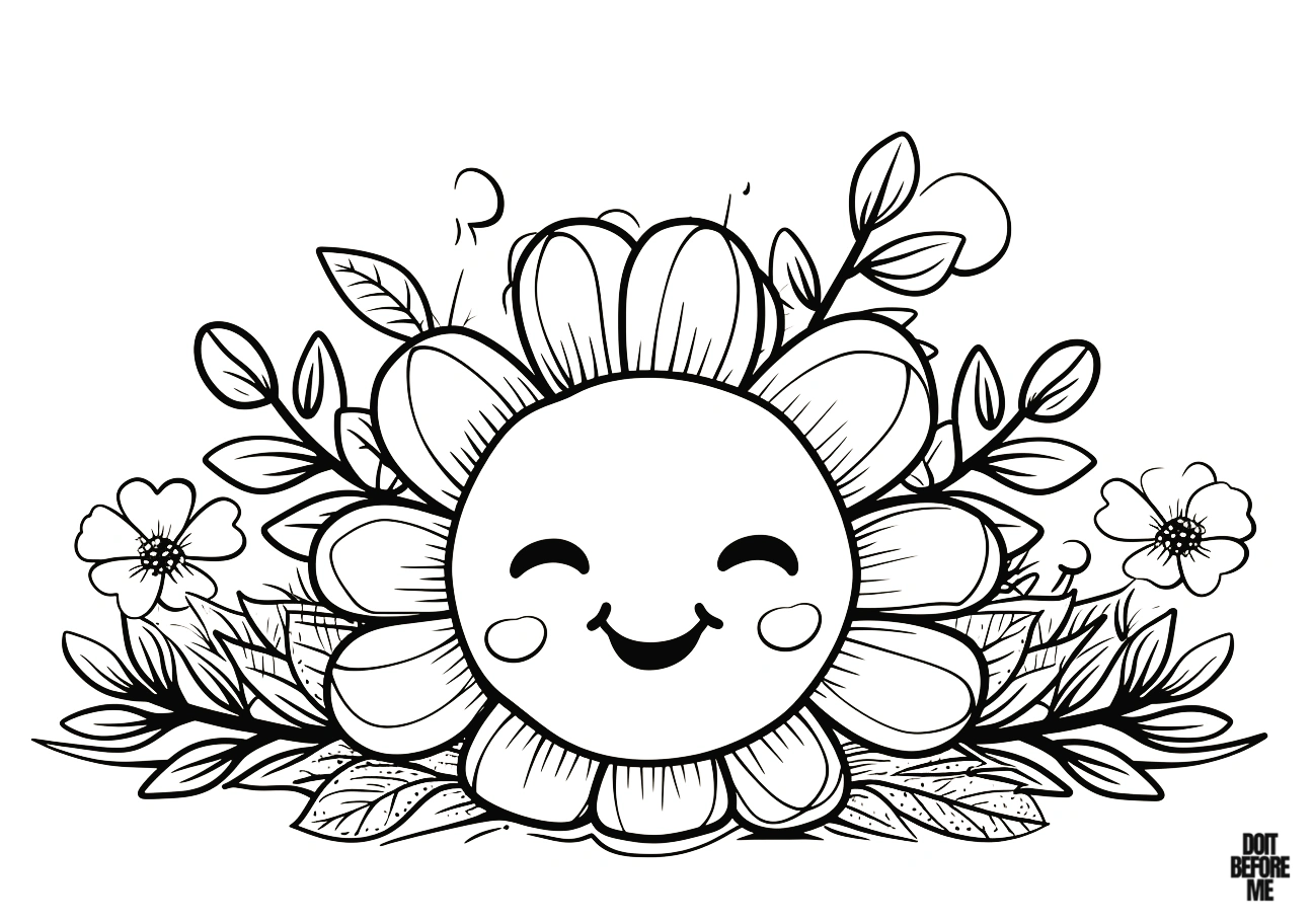 Cheerful daisy flower coloring page with a smiling expression, designed for kids.