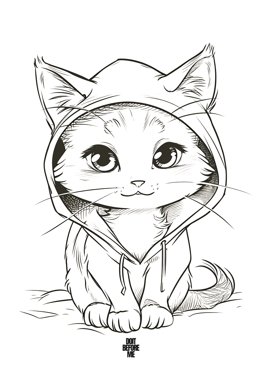 kawaii cat in the hoodie coloring page