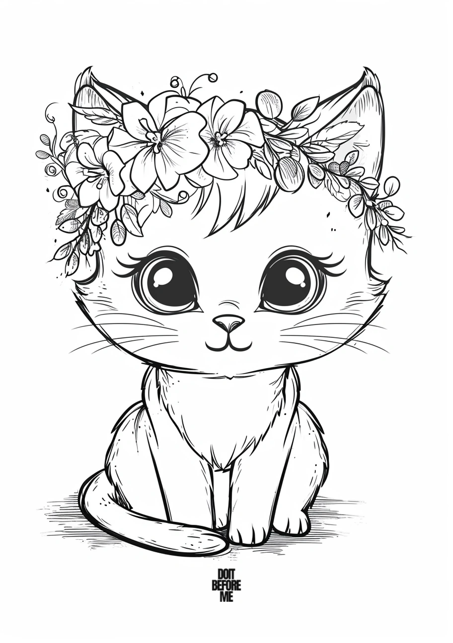 cute cat with flowers coloring page