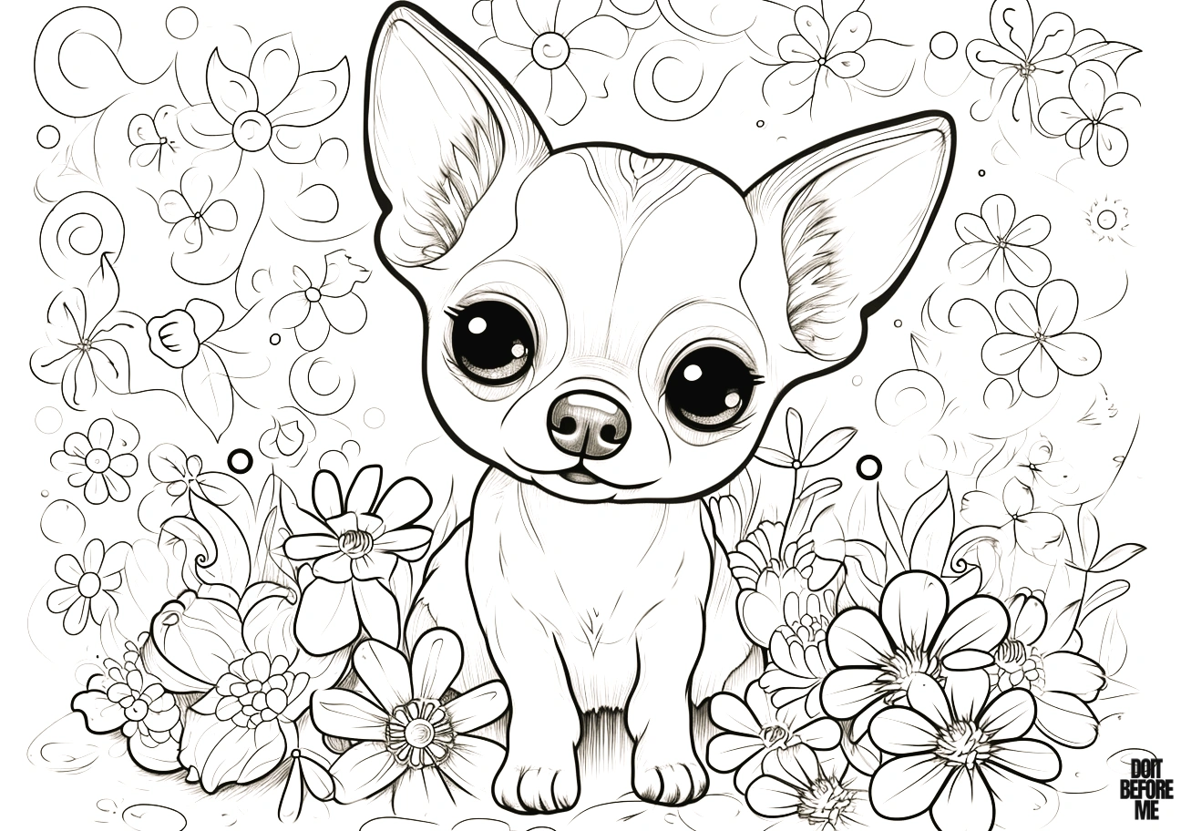 Printable coloring page featuring a charming chihuahua dog puppy surrounded by vibrant flowers. Suitable for easy coloring by both children and adults.