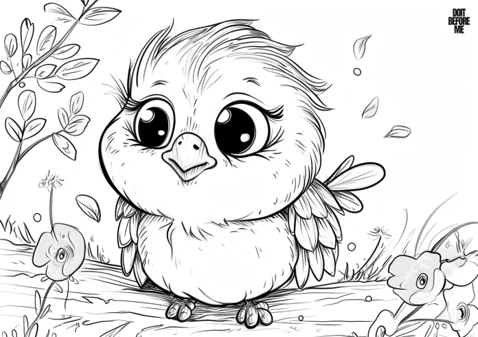 Cute, chubby and fluffy baby kawaii bird with large expressive eyes, featured in a printable coloring page.