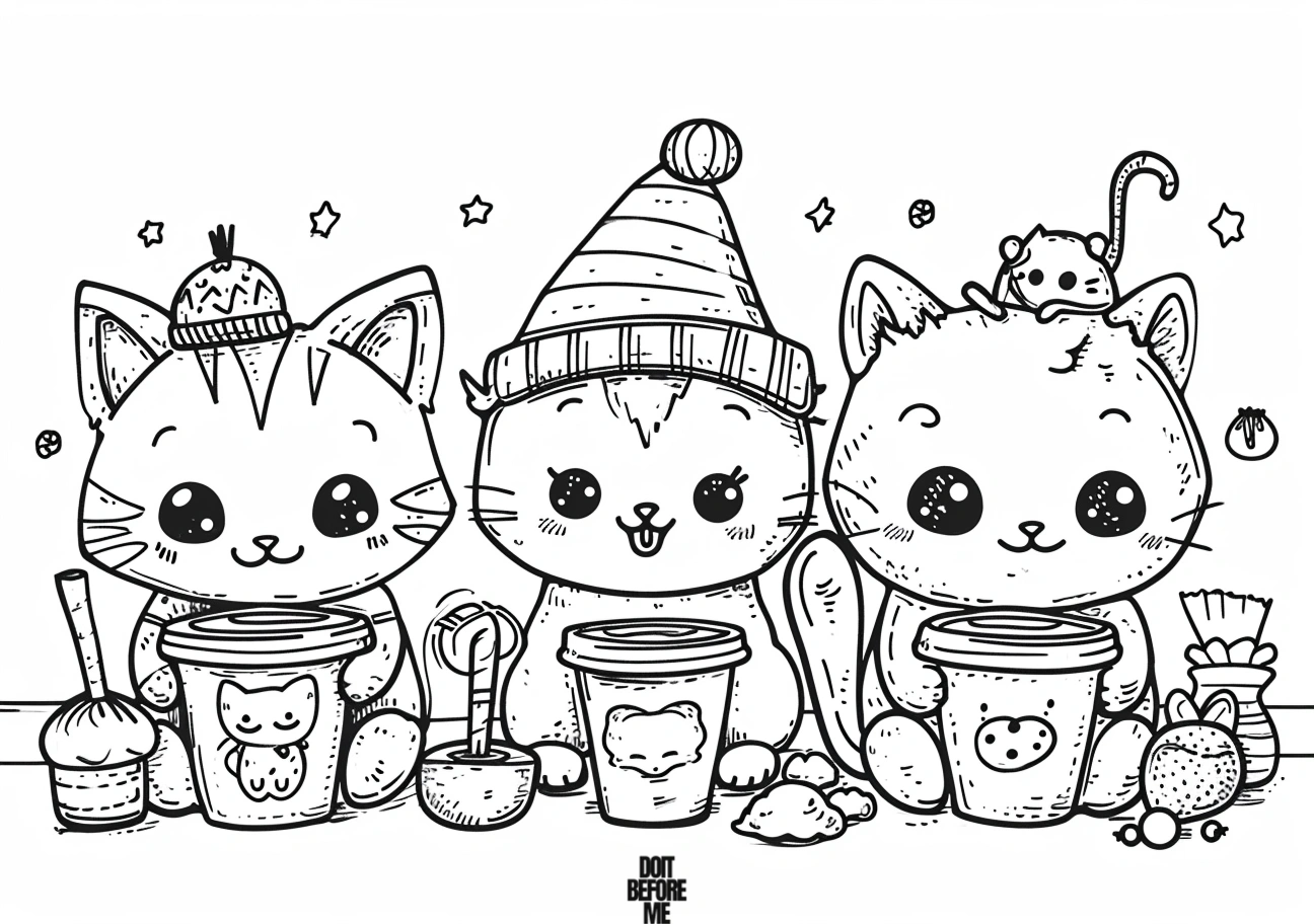 Cute animal adult coloring pages featuring adorable characters in cute outfits, accompanied by kawaii drinks. The illustrations showcase happy expressions and smiling faces, including 3 kawaii cats emitting positive vibes. The backdrop is a simple and clear white background with small stars in the background.