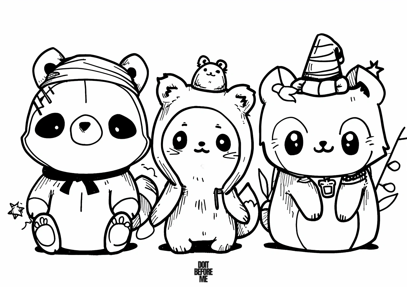 Adorable cartoon coloring page featuring three kawaii animals wearing cute and simple costumes.