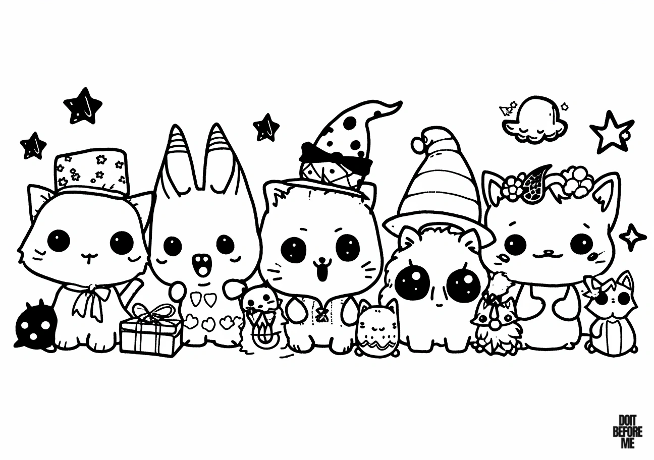 Cute Halloween coloring pages featuring five adorable animals in charming costumes. Free printable designs that are easy to color, suitable for both kids and adults.