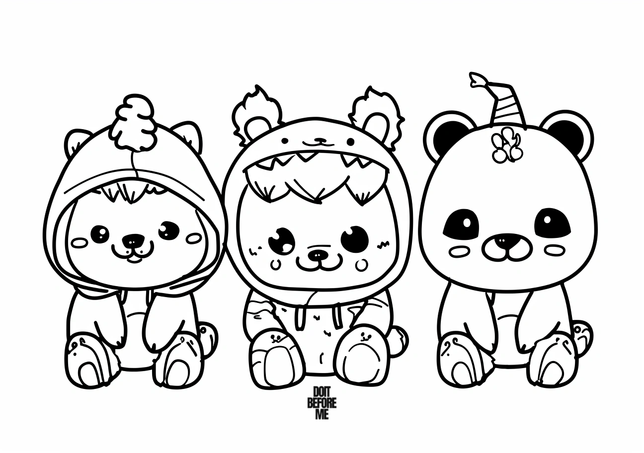 A coloring page showcasing three endearing animals dressed in adorable human-like attire, designed with a larger size for easy coloring for kids.