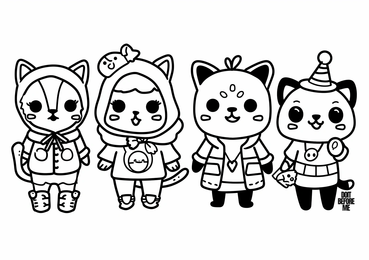 Coloring page showcasing four adorable kawaii animals donned in charming human-like outfits, each adorned in a variety of cute costumes with sharp and thick outlines, perfect for children's coloring.