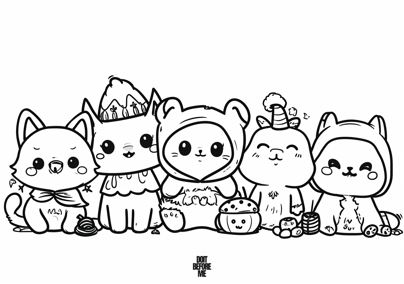 Kawaii free printable coloring page featuring cute animals.