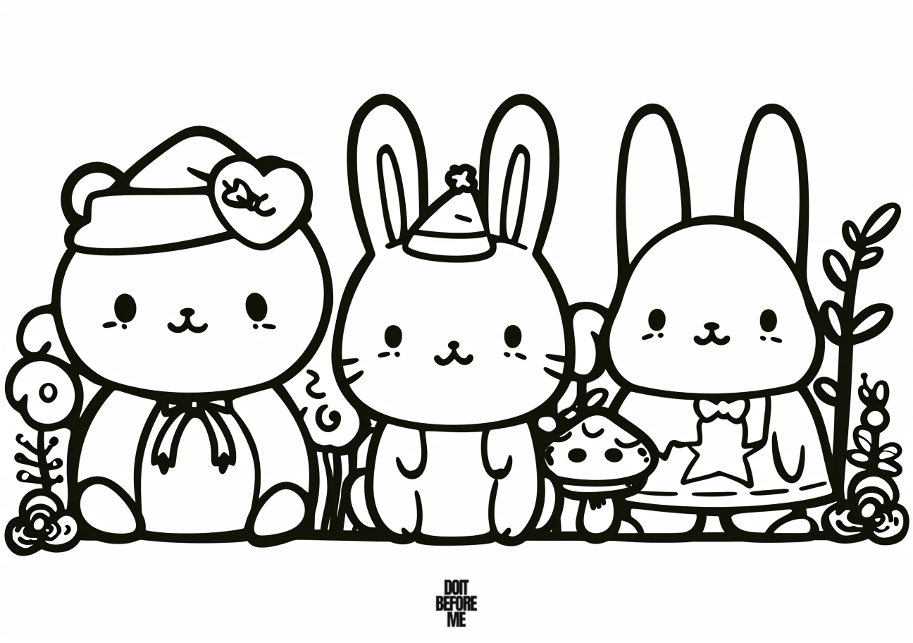 Adorable coloring sheet featuring cute animals, including two chubby kawaii rabbits and one bear. Easy and simple coloring design for kids.