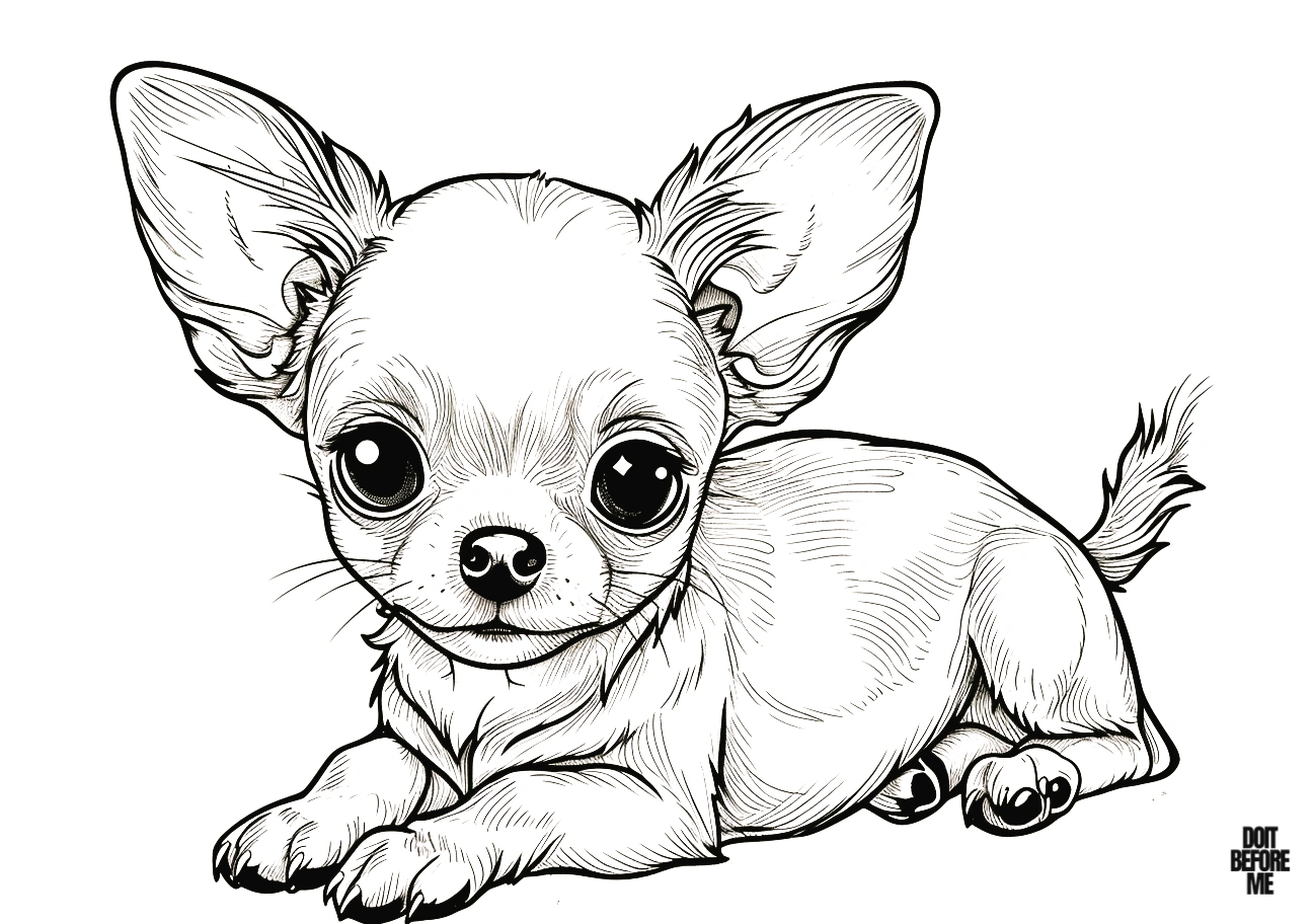 Free printable realistic Chihuahua dog puppy coloring page featuring a charming design of a pup lying on the floor. Simple yet cute, perfect for easy coloring by both children and adults.