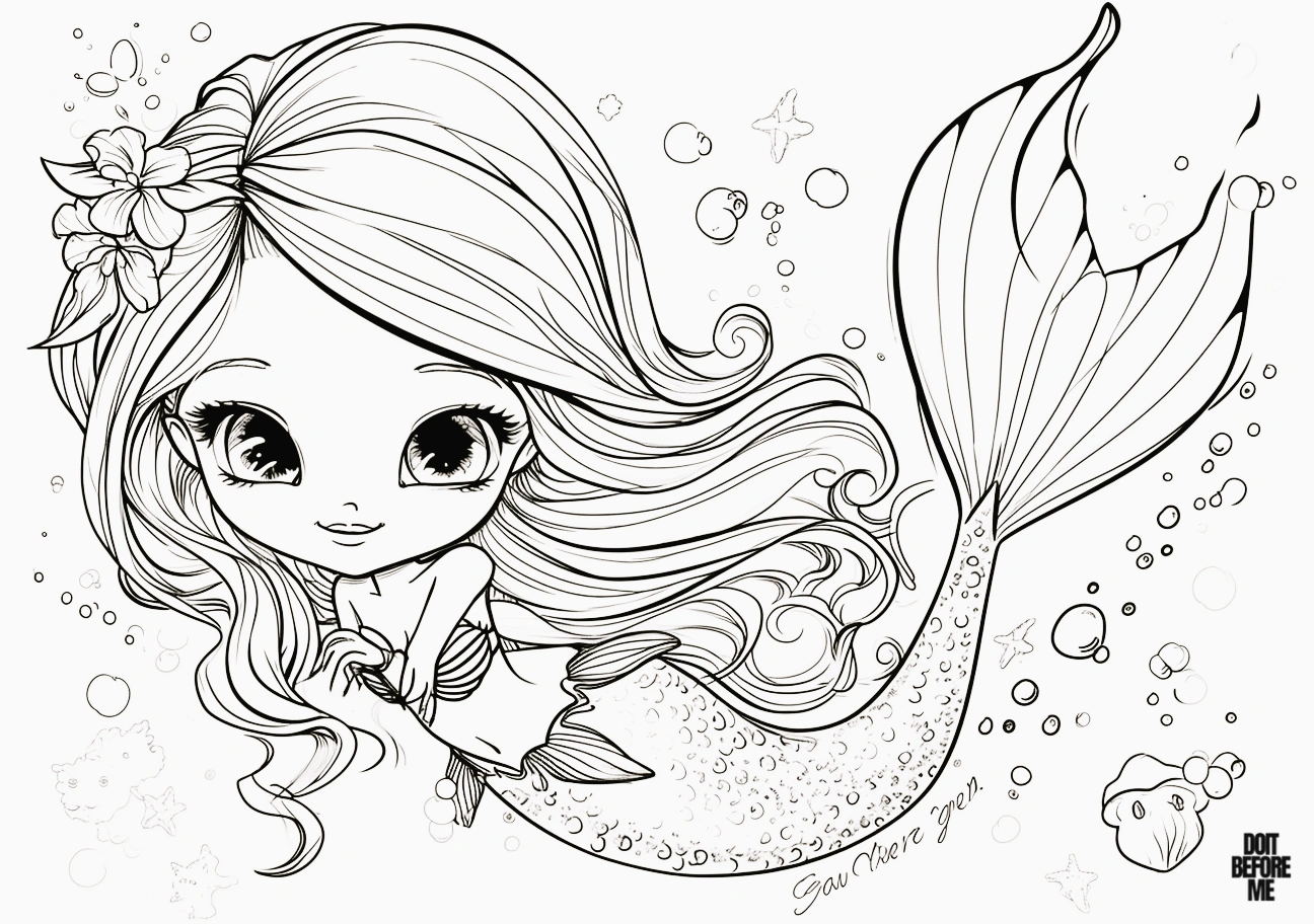Cute baby princess mermaid coloring page with kawaii character having a large head, big eyes, and a proportionally small body. Background features bubbles.