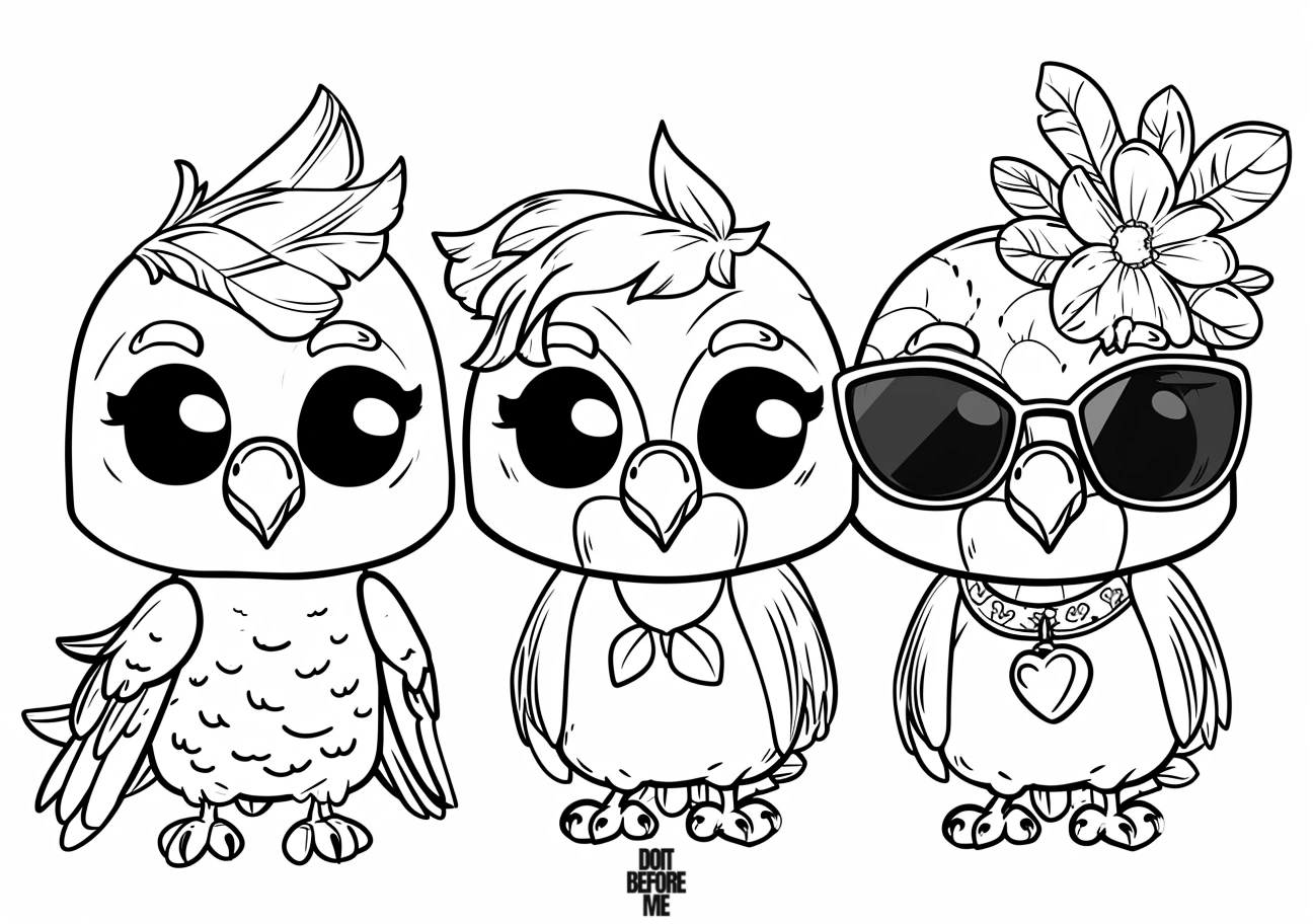 cute baby parrots wearing costumes coloring pages