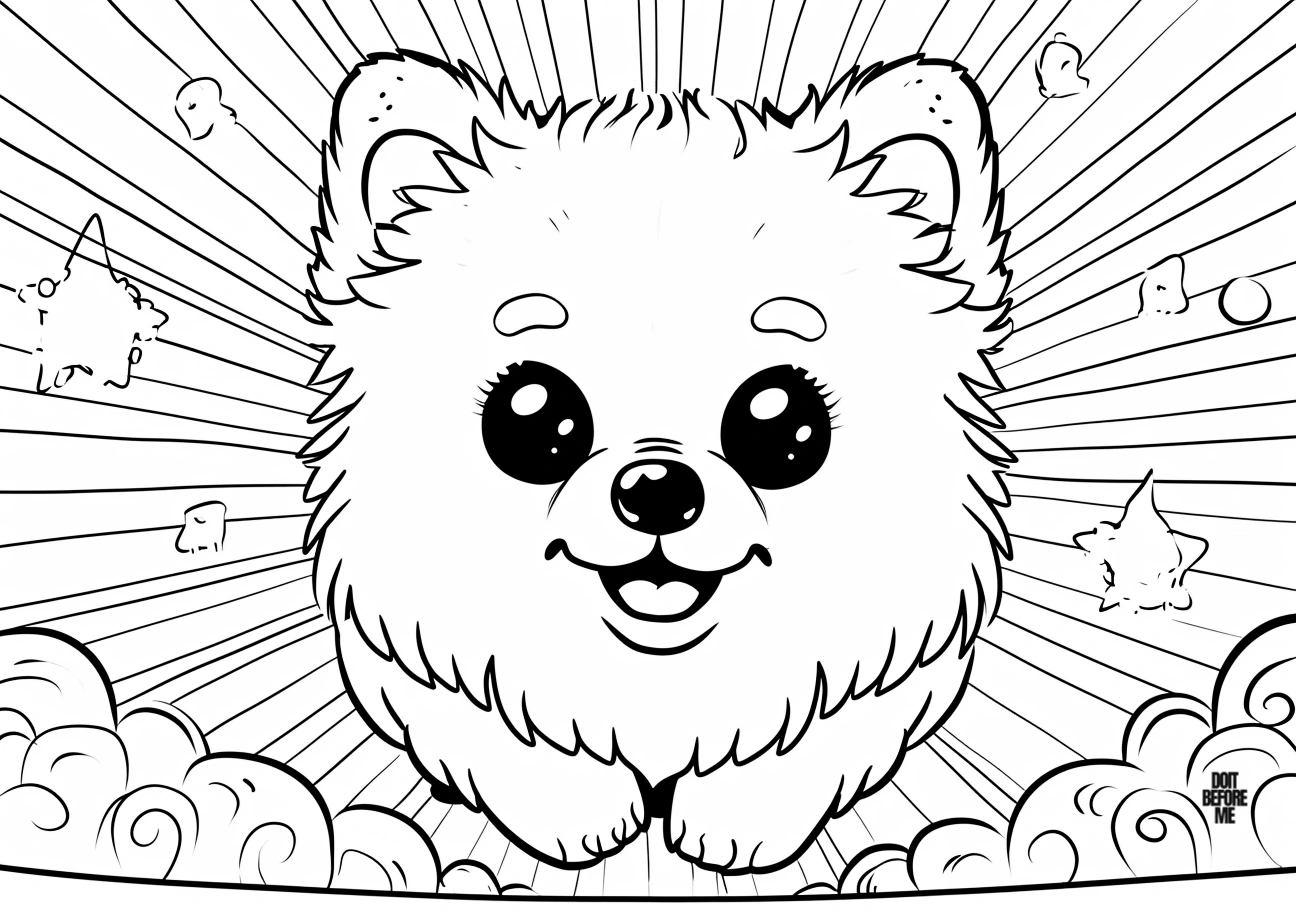 Cute baby Pomeranian coloring page featuring an adorable puppy with a dynamic pose, appearing to run towards the screen. The background showcases a vibrant and intricate design above clouds.