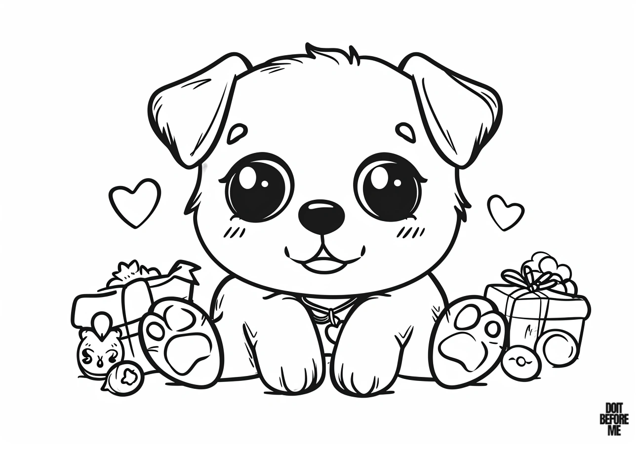 Free printable coloring page featuring a cute baby puppy with presents and small hearts. Simple and cute design, suitable for kids.