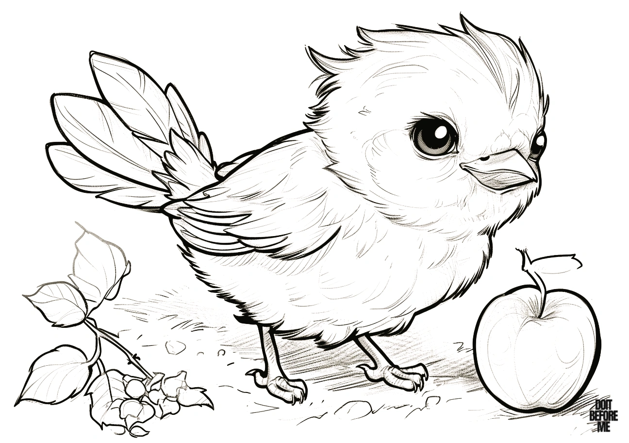 Coloring page featuring a cute baby bird beside a vibrant apple.