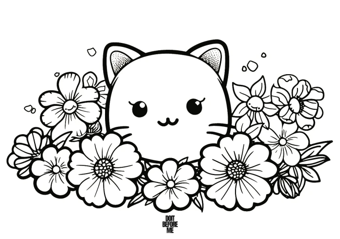 A charming coloring page showcasing a kawaii cat head peeking out of cute flowers in a simple, beautiful, and printable design.