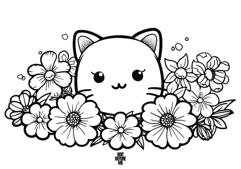 Cat among flowers coloring page