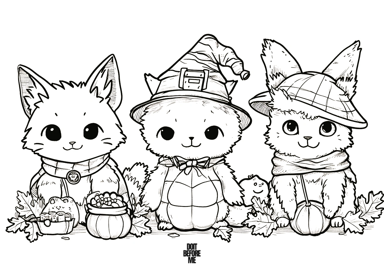 Three cute cats donning Halloween costumes in a coloring sheets printable, featuring a cat in a witch costume for Halloween.