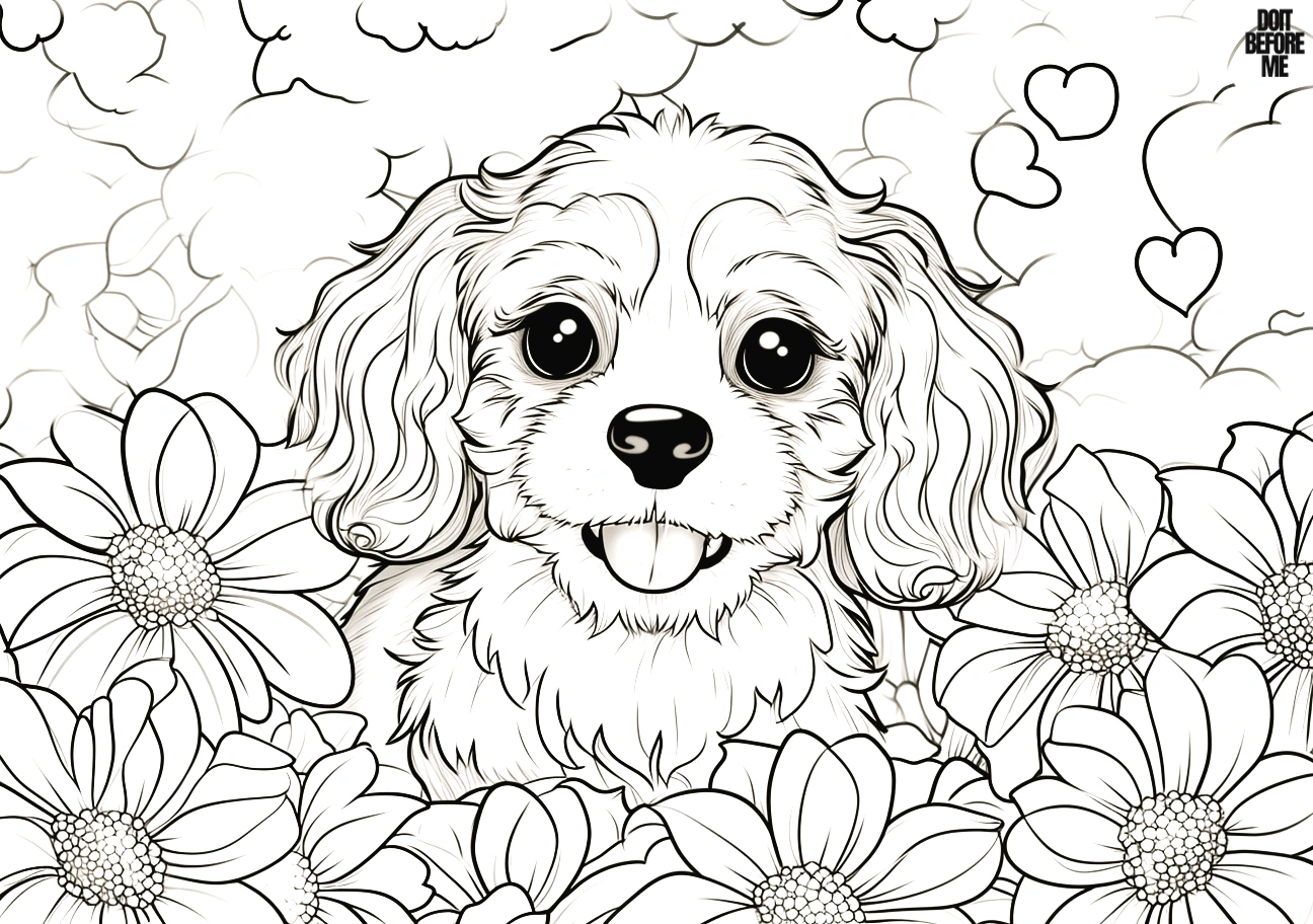 A free printable coloring page featuring a cute Cavalier King Charles Spaniel puppy surrounded by small kawaii hearts, clouds, and flowers, covering the entire page in a charming design.