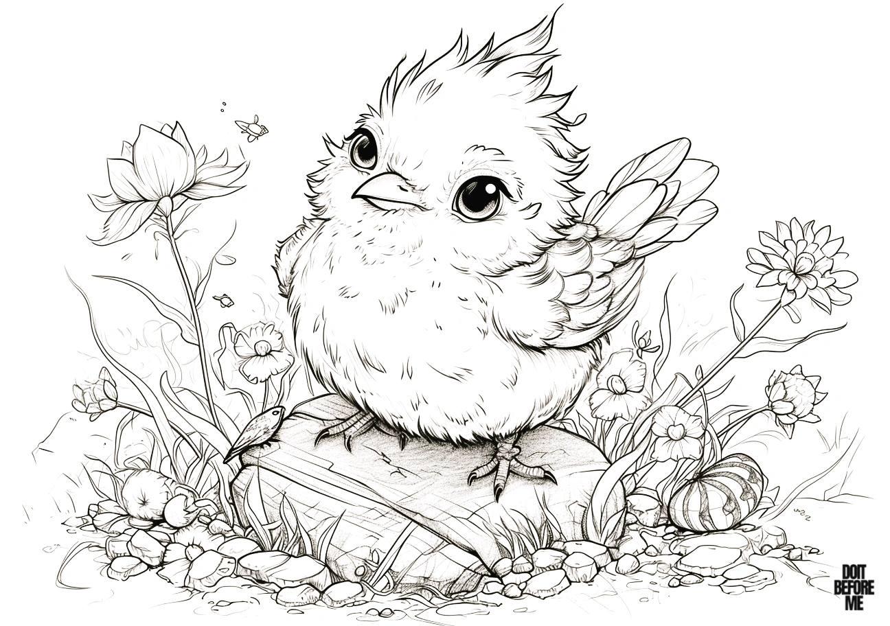 Cute chubby baby bird resting on a stone with a natural background, depicted in a coloring page.